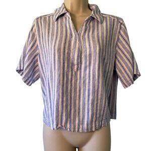 Universal Thread Linen Blend Top Large Boxy Stripes Cropped Coastal Summer Beach